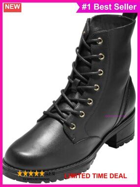 Waterproof Leather Combat Boots Lace-Up Side Zip Calf High
